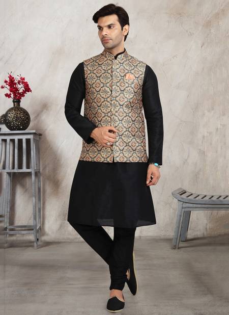 Beige Colour Festive Wear Jacquard Banarasi Silk Digital Print Kurta Pajama With Jacket Mens Collection 1217